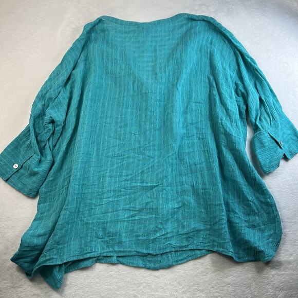 Soft Surroundings Plus 3X Top Linen Blend Shirt Gauzy Flowy Teal Button Front - Picture 9 of 10